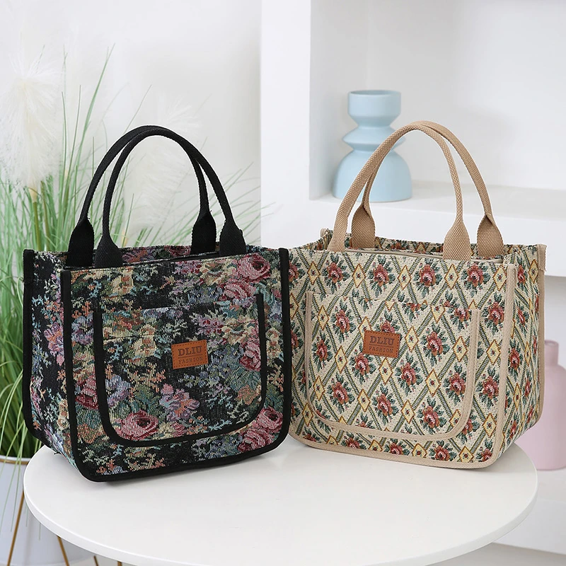 复古手提包托特花朵大容量外出妈咪包油画风上班便携带饭盒收纳袋