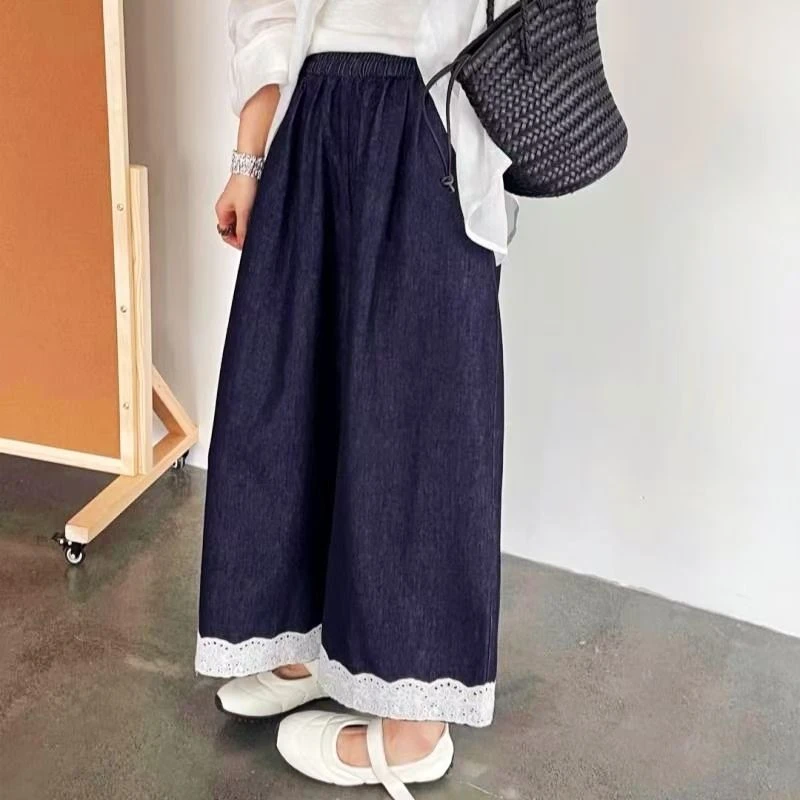 2025夏季休闲百搭大码蕾丝拼接牛仔九分裤3518