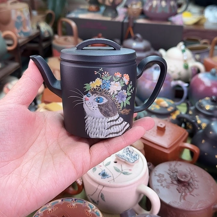 茶壶紫砂簪花猫咪