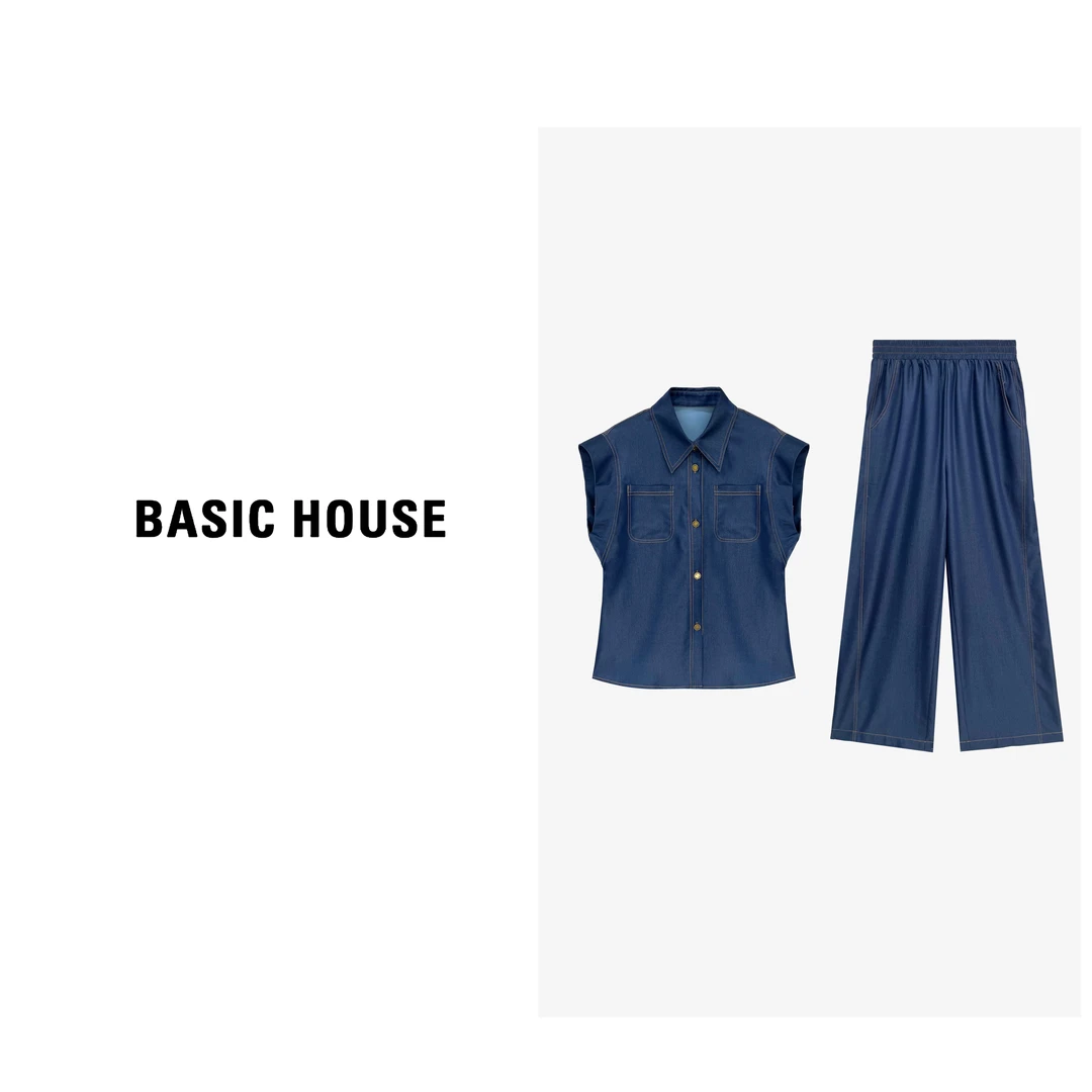 Basic House/百家好TS时尚复古无袖衬衣牛仔长裤套装高级感DC780