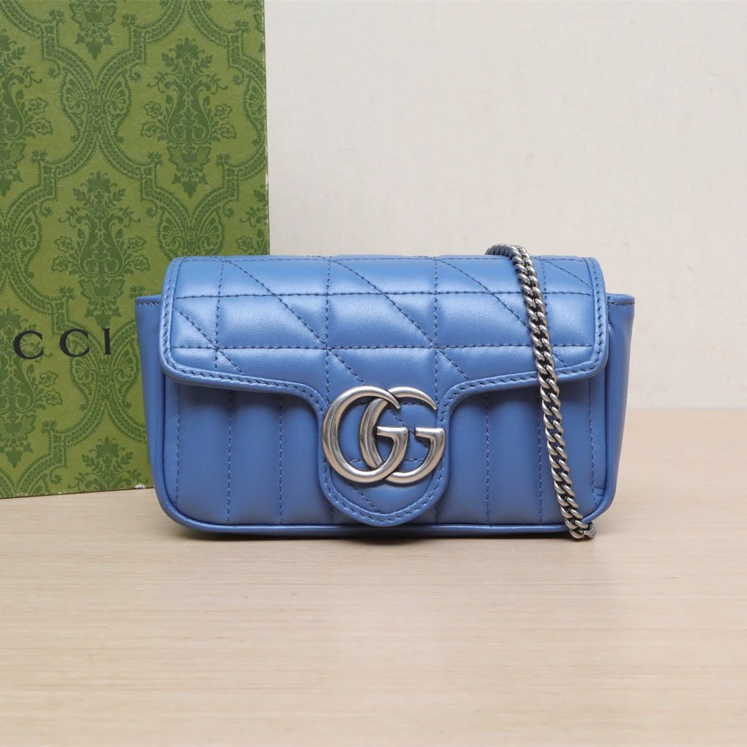 95新 GUCCI/古驰 【娇】GG Marmont 肩背包 16.5蓝色皮革C 094357