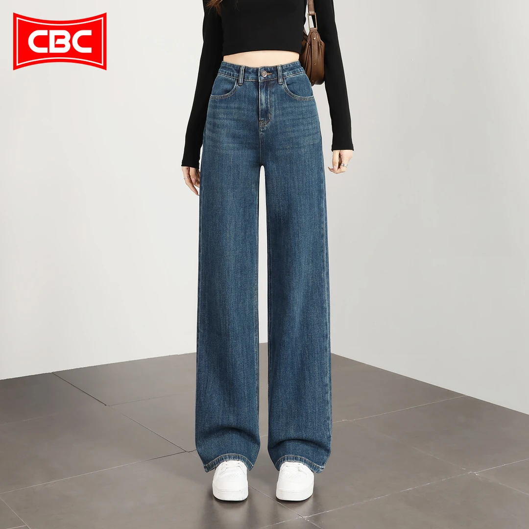 CBC复古蓝窄版阔腿牛仔裤女2025秋新款宽松休闲长裤高端直筒裤子
