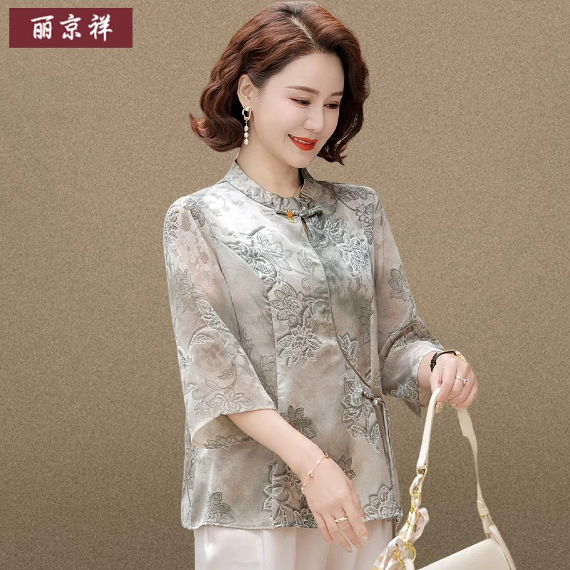 新中式妈妈夏装套装国风雪纺衬衫2025新款中老年春夏七分袖上衣女