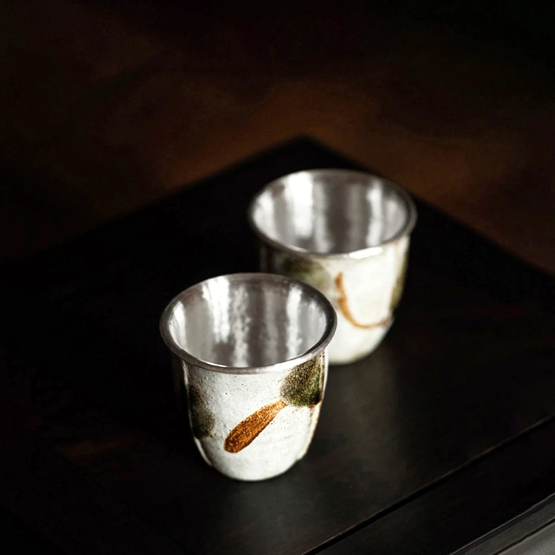 纯银999纯手工手绘包银杯主人杯品茗杯家用粗陶茶杯茶具 入饮山林