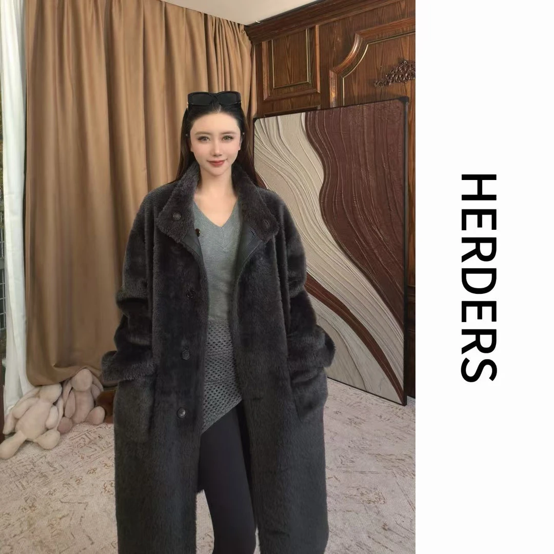 HERDERS '高奢拉贡系列’长款圆领纽扣款皮毛一体外套 52019
