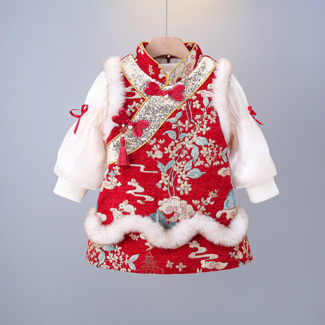 女小童冬季新款加绒背心旗袍裙长袖拜年服连衣裙中国风马甲裙