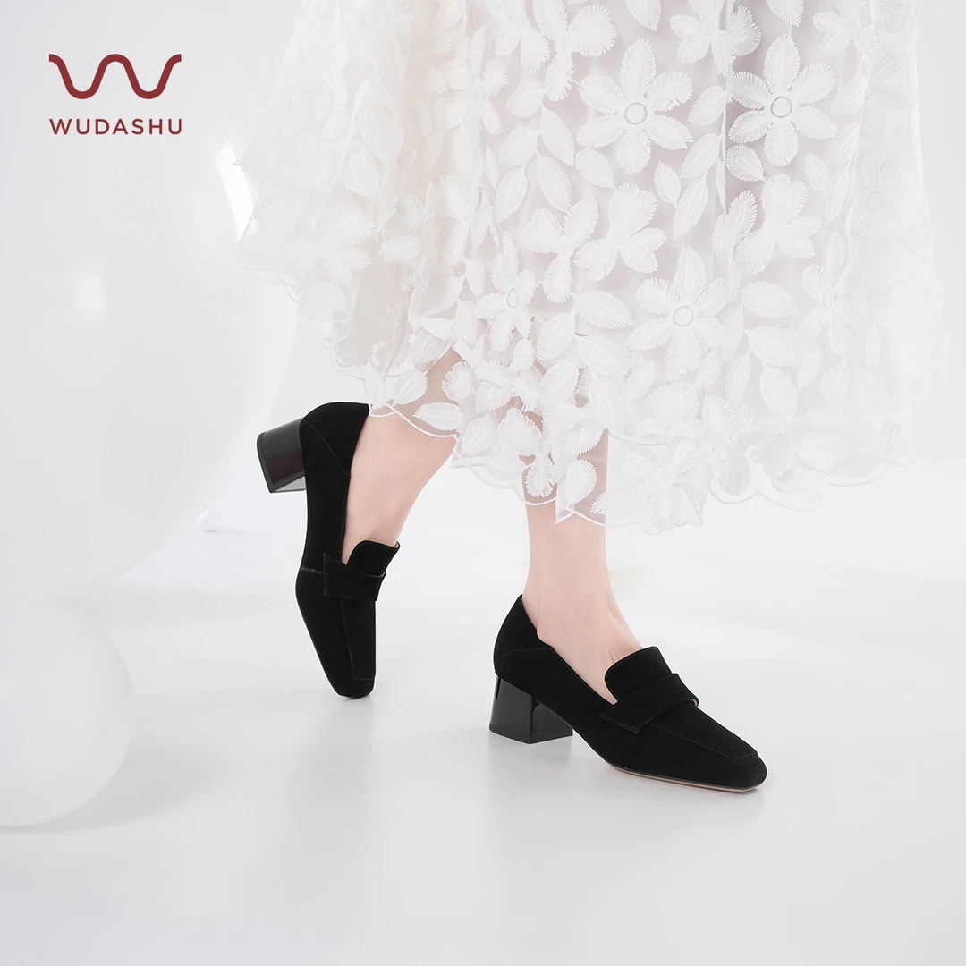 吴大叔复古新款方头深口女单鞋简约透气气质乐福鞋真皮老钱风轻熟