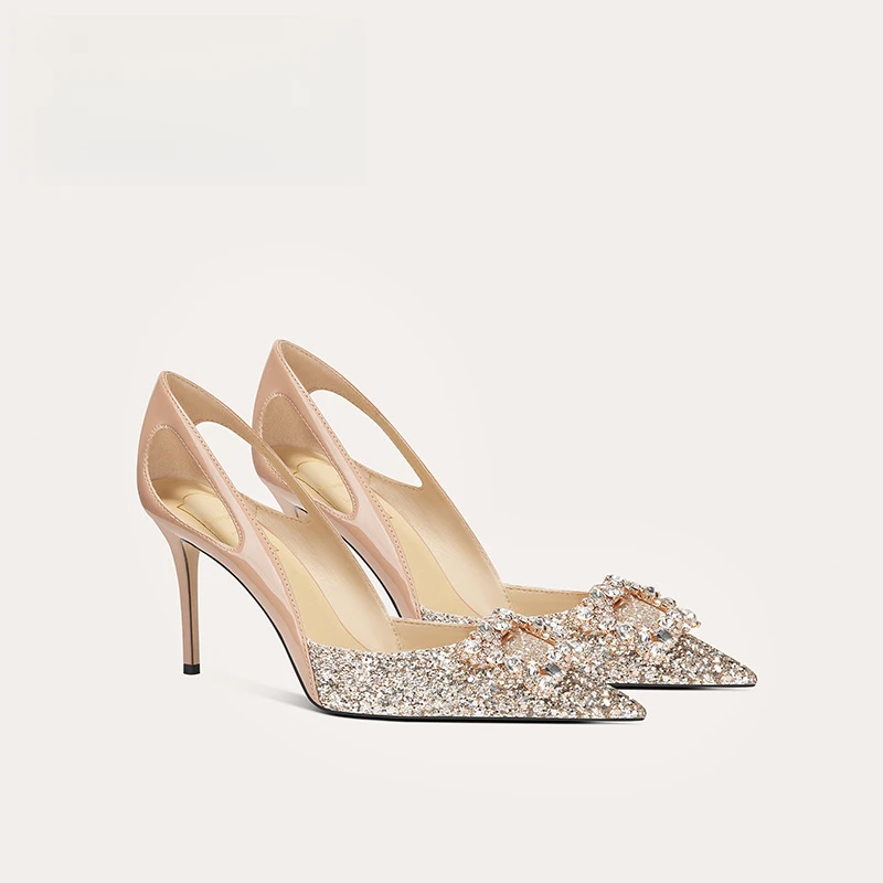 2025年新款水钻方扣镂空单鞋新娘婚鞋宴会亮片尖头单鞋女伴娘鞋