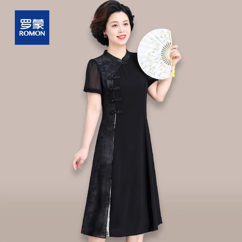 罗蒙中年妈妈夏装黑色连衣裙中老年女夏季新中式改良旗袍长裙子