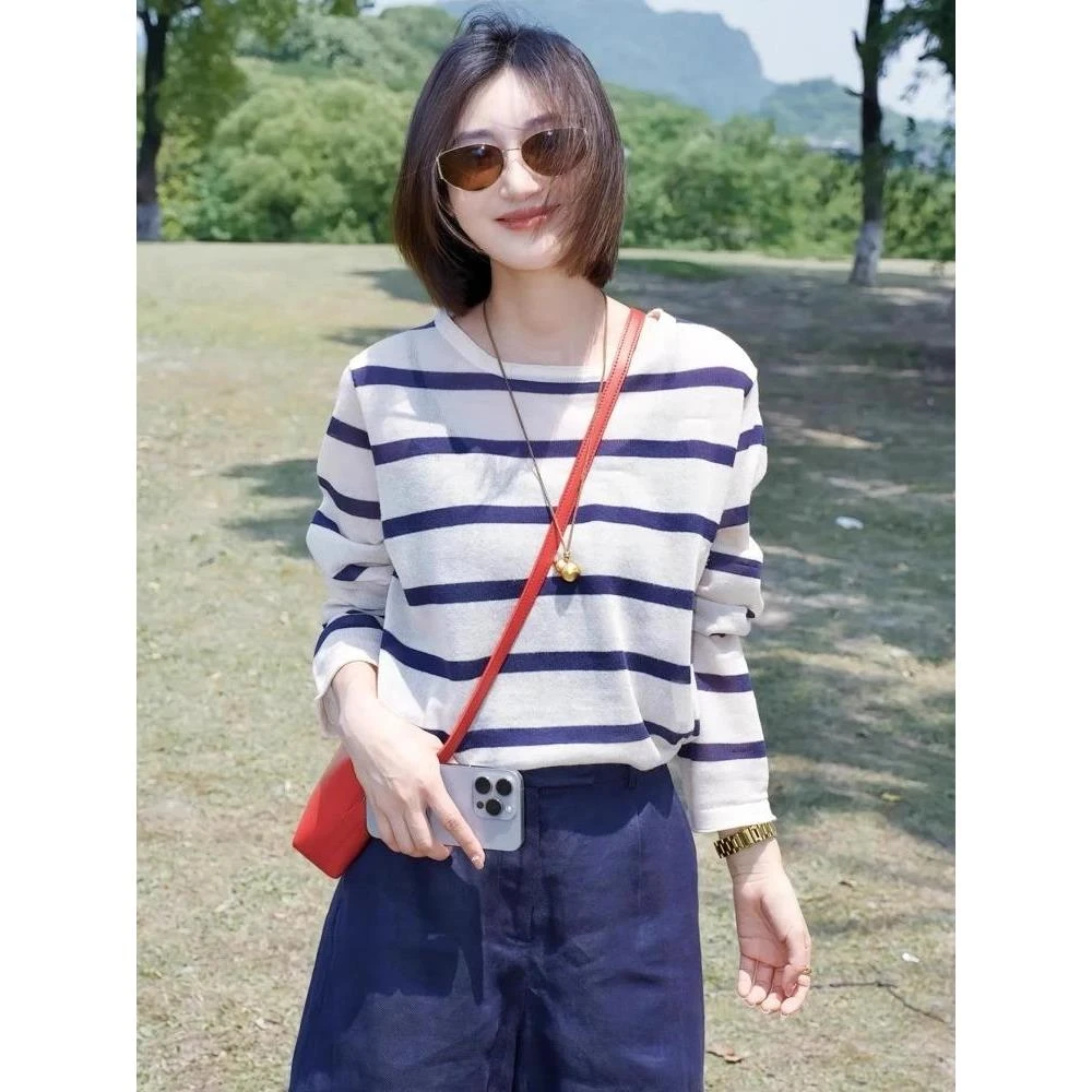 条纹圆领长袖针织衫女薄款2025新款春秋季内搭打底衫宽松显瘦上衣