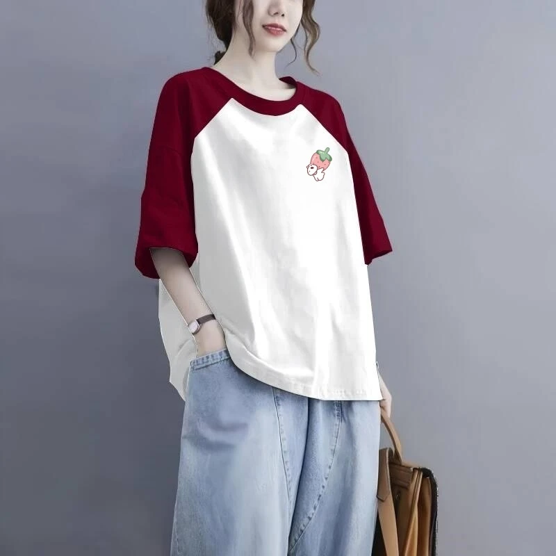 纯棉卡通动漫拼接短袖圆领透气宽松百搭印花洋气减龄短袖女t恤ins