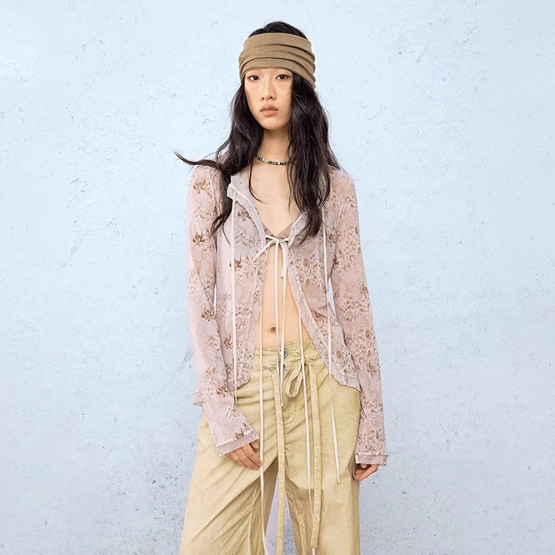 【旷臾 EMMUIC】noundnound弹力印花飘带长袖衬衫女2025春夏新款