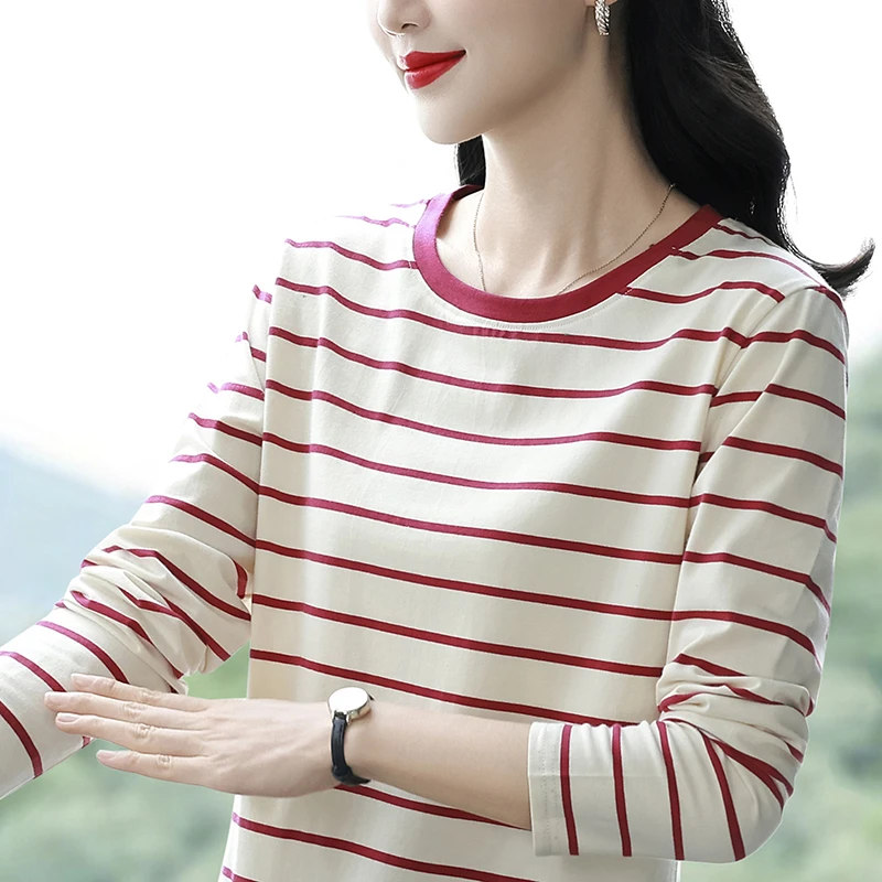 春秋季新款棉质条纹大码时尚长袖休闲显瘦韩版洋气时髦t恤女上衣