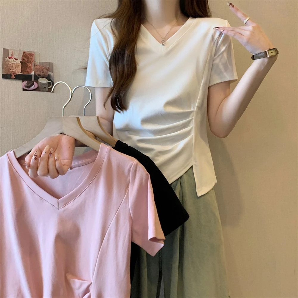 辣妹短款褶皱半袖T恤女早春夏装修身韩版百搭不规则V领短袖上衣潮