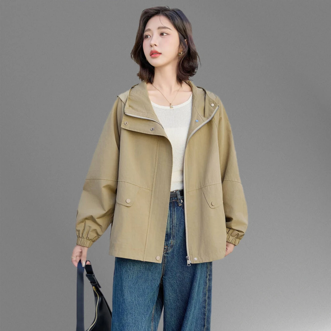 高级感连帽外套女短款2025春秋新款韩版宽松大码休闲风衣夹克上衣