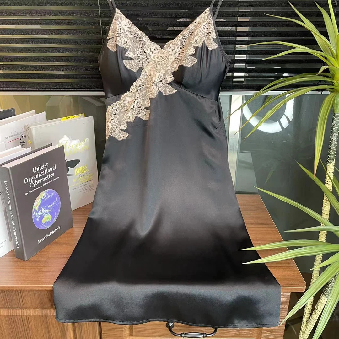 【日月禾】真丝连衣裙睡裙100%桑蚕丝吊带性感蕾丝D2224