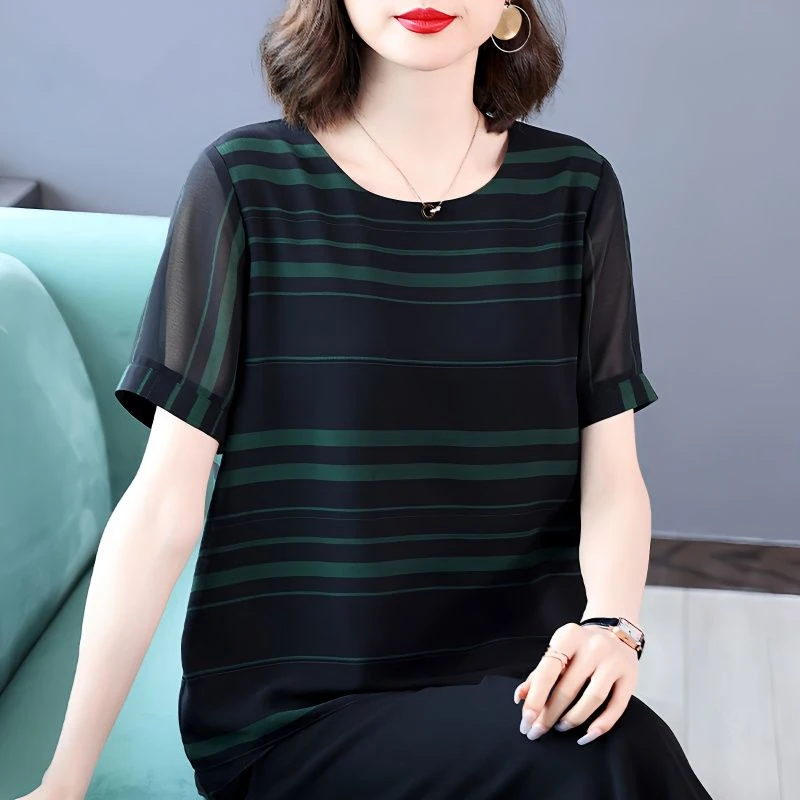 中年妈妈夏装女士t恤短袖减龄雪纺衫2025年新款大码遮肚显瘦上衣