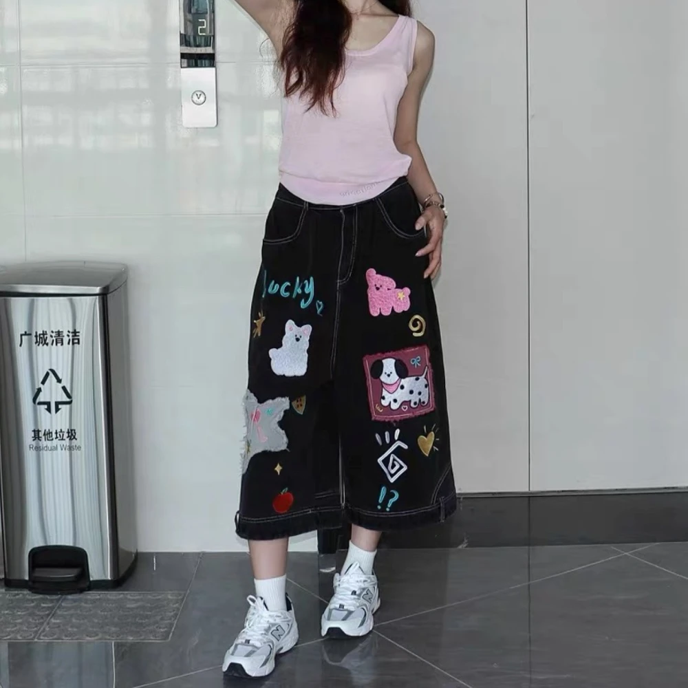 美式复古设计感小狗刺绣牛仔裤女2025春夏新款高腰显瘦七分阔腿裤