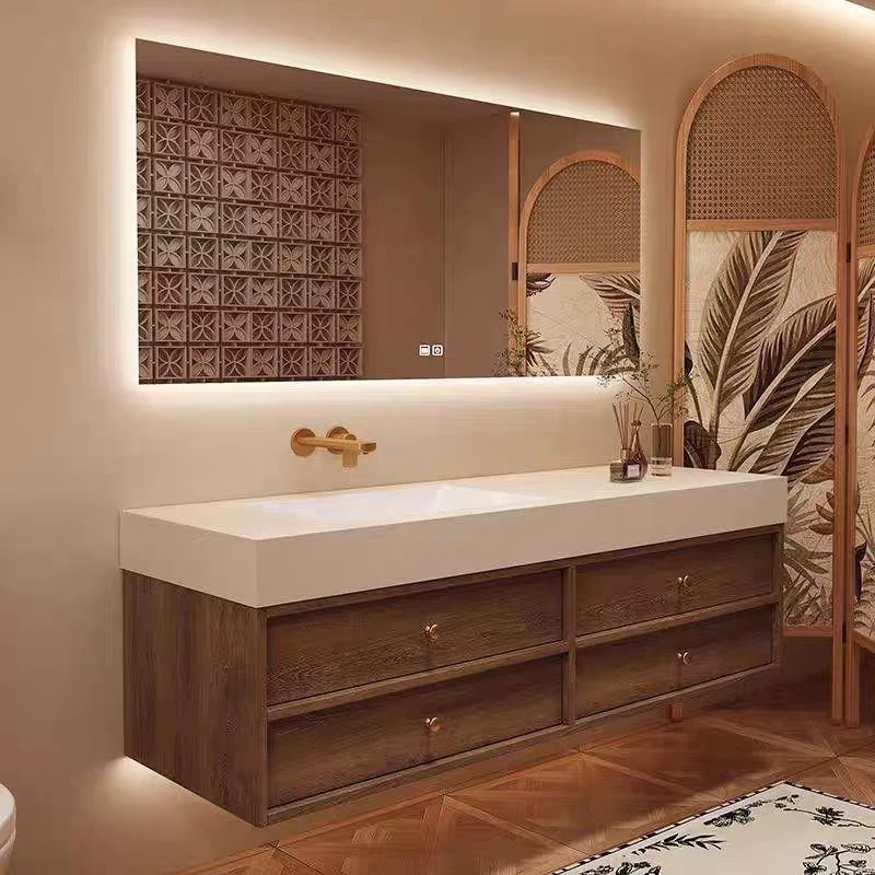 新款中古风浴室柜组合岩板热弯一体盆洗手台洗脸盆柜卫生间洗漱台