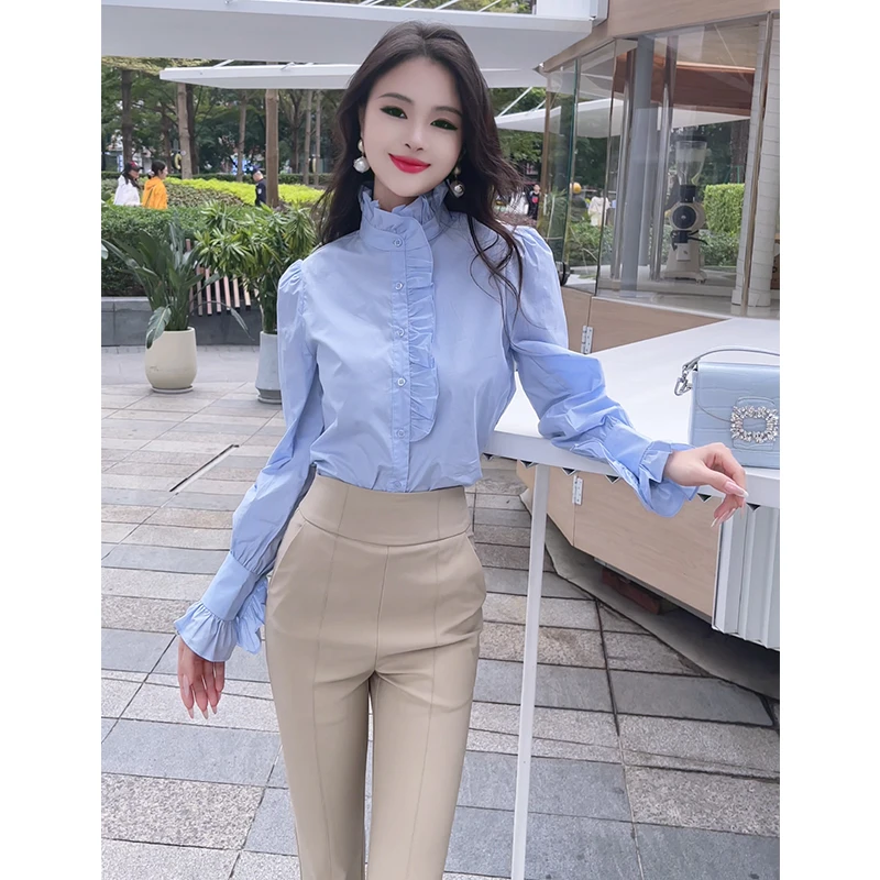 格润雅小众独特高领荷叶边上衣2025新款衬衫女气质显瘦高腰微喇裤