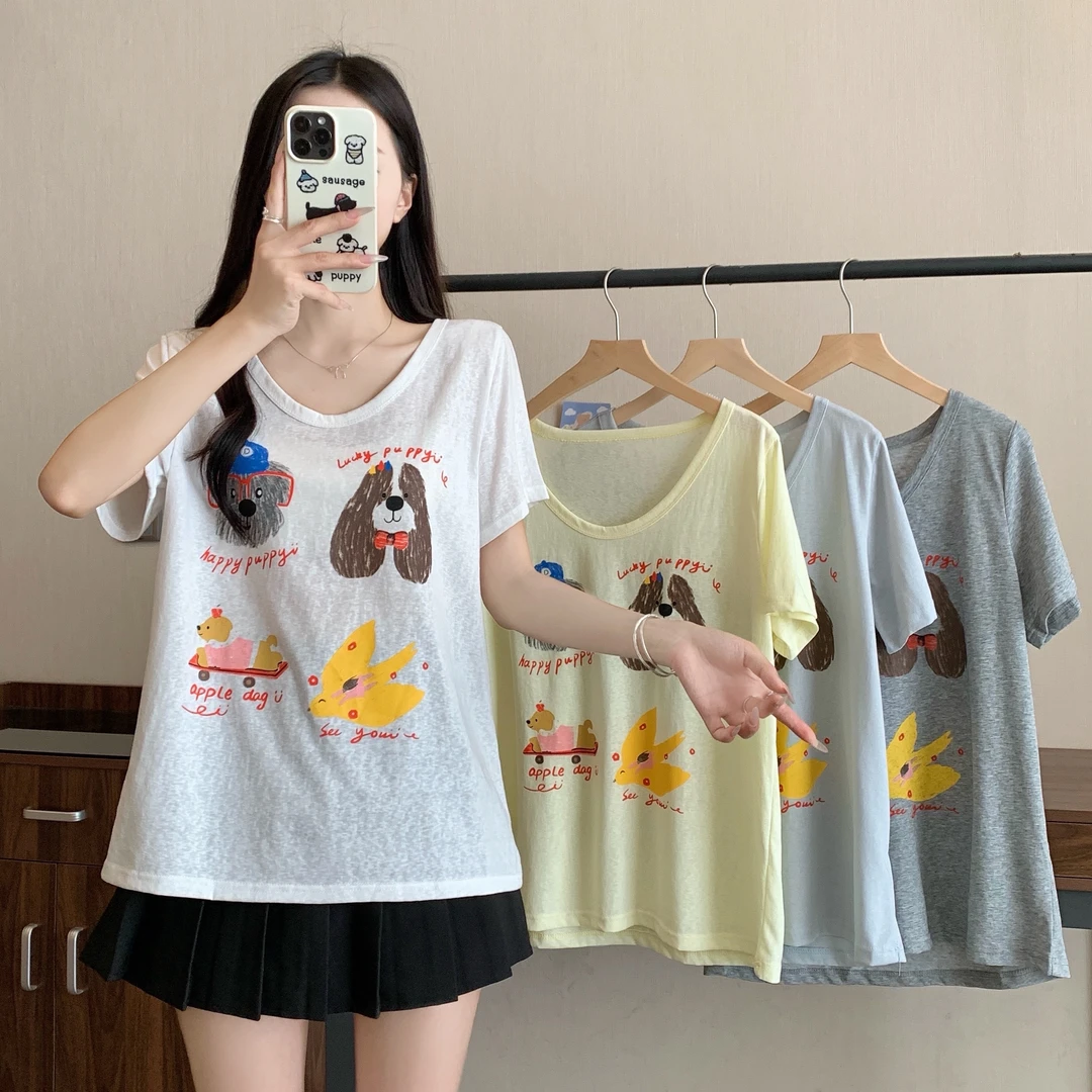 【大码】10487-3大码女装新款慵懒风卡通小狗短袖T恤上衣