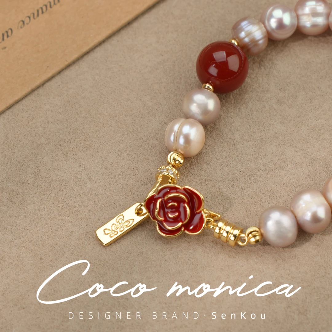 【小霞珠宝】玫瑰花南红中国红珍珠手链手牌皱巴复古 AS732