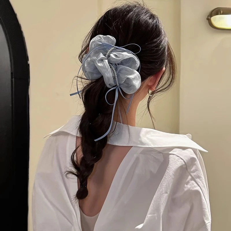 超仙珍珠蝴蝶结飘带雪纺大肠发圈女2025新款高级感ins头绳发饰品