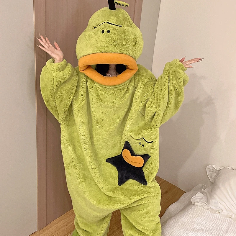 食来运转睡袍女冬季珊瑚绒连帽搞怪可爱睡衣家居服ins潮流连体裤