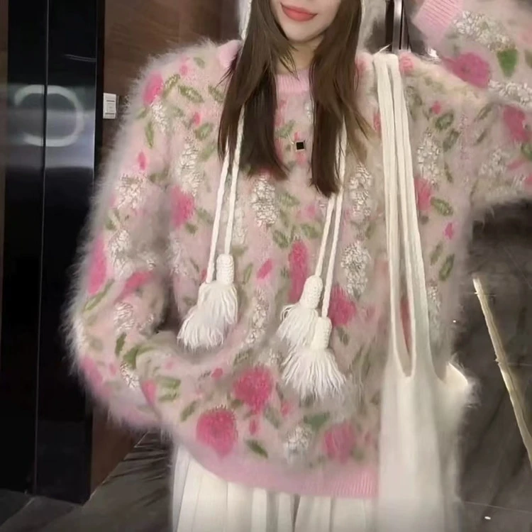 爆款慵懒风提花羊毛衫时尚百搭厚款花朵提花毛衣秋冬女保暖打底衫