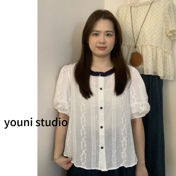 【youni】夏款韩系清新撞色花边刺绣小衫