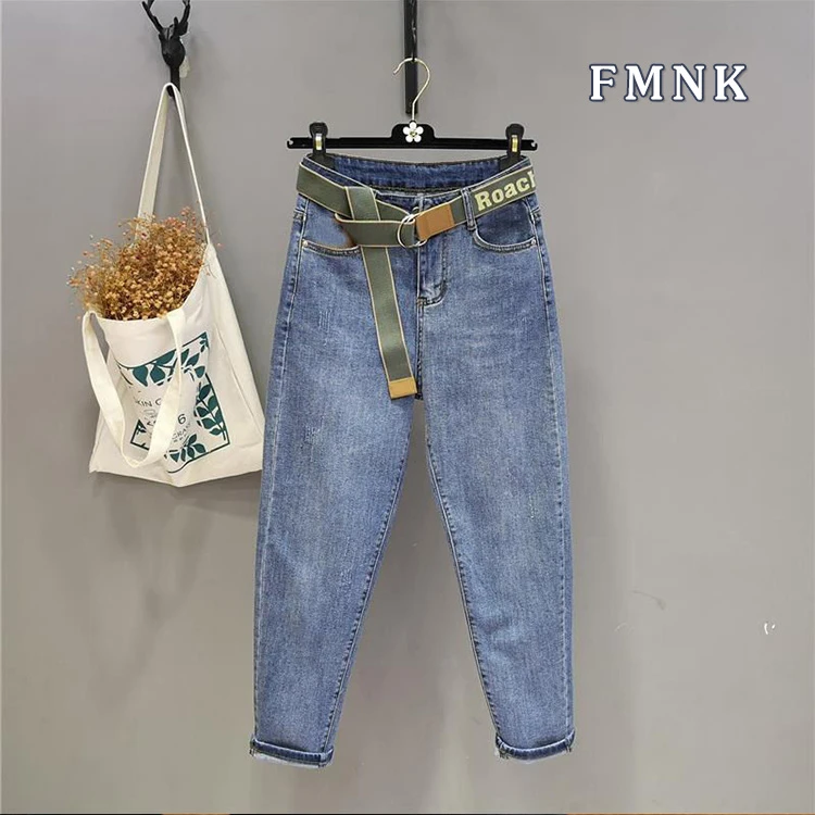 蓝色牛仔裤女士秋季新款高腰胖mm显瘦小个子哈伦小脚裤女款裤子潮