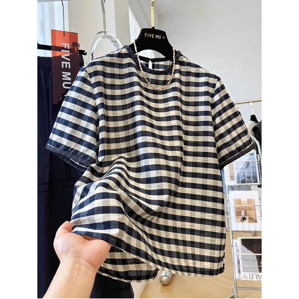 胖妹妹240斤大码撞色格子独特气质小衫女夏薄款韩系圆领衬衫上衣