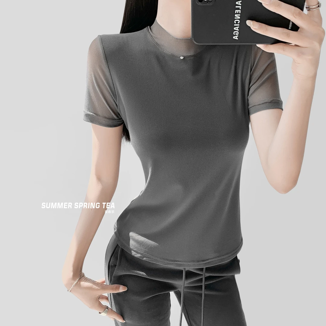 【现货】夏春茶半高领休闲短袖别致纯色打底衫夏新款修身显瘦上衣