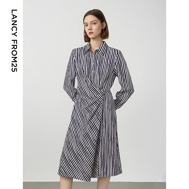 朗姿法式高级感长袖设计感气质裙子女2024春季新款收腰显瘦连衣裙