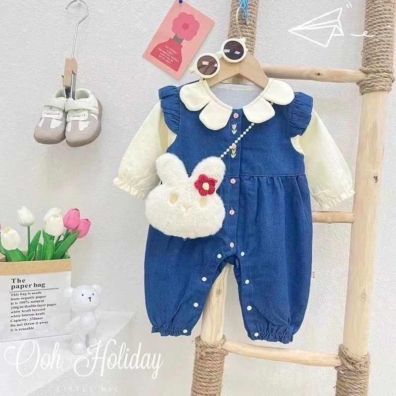 婴儿春秋季衣服双层女宝宝连体衣纯棉牛仔A类假两件外出爬爬服