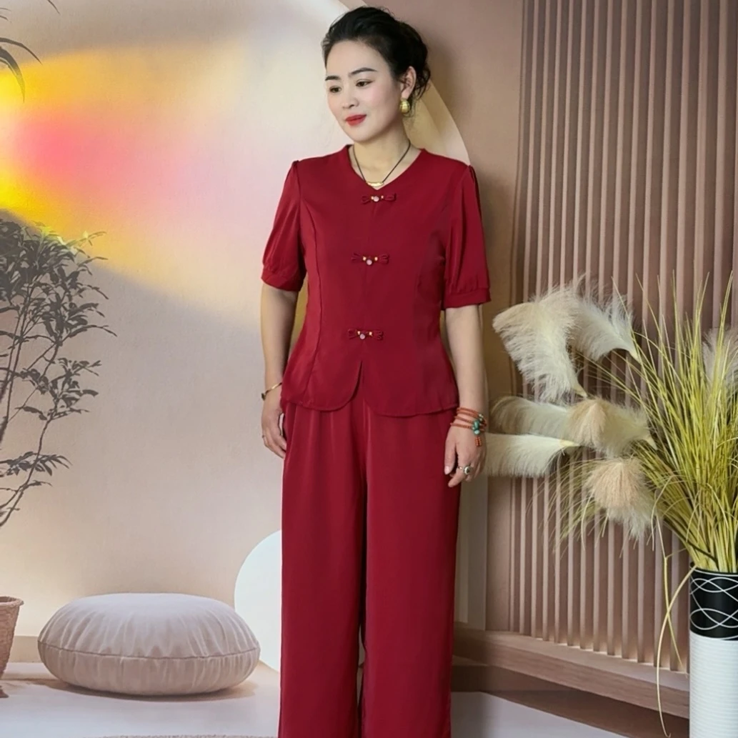 新中式时尚气质洋气雪纺休闲宽松套装