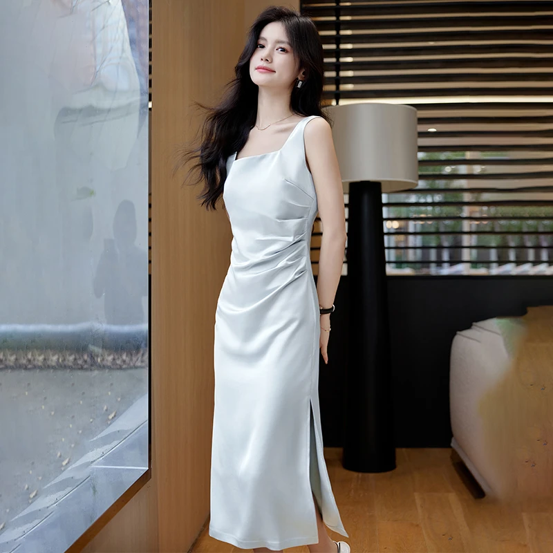 醋酸缎面吊带连衣裙女2025新款夏季高级感小个子内搭气质套装裙夏
