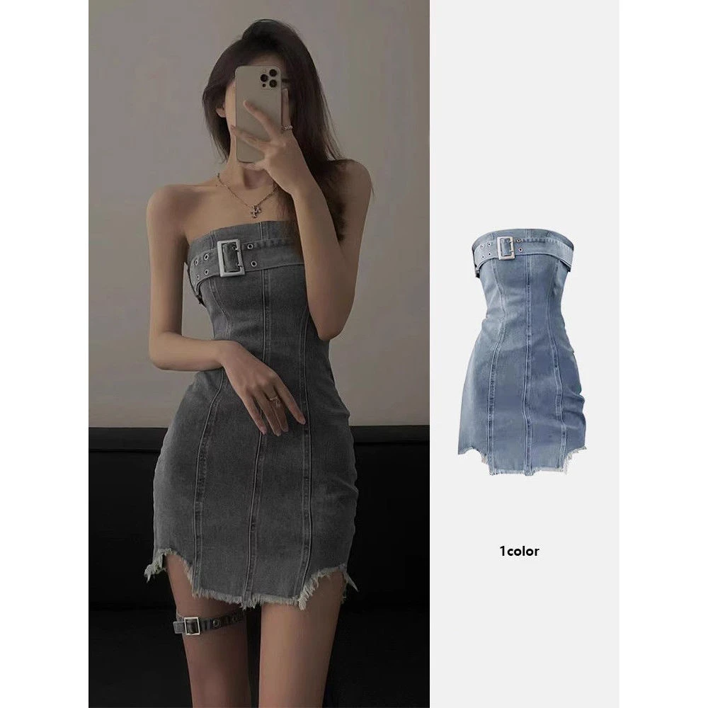 纯欲辣妹风牛仔抹胸连衣裙女夏季小众设计感时尚炸街a字包臀短裙