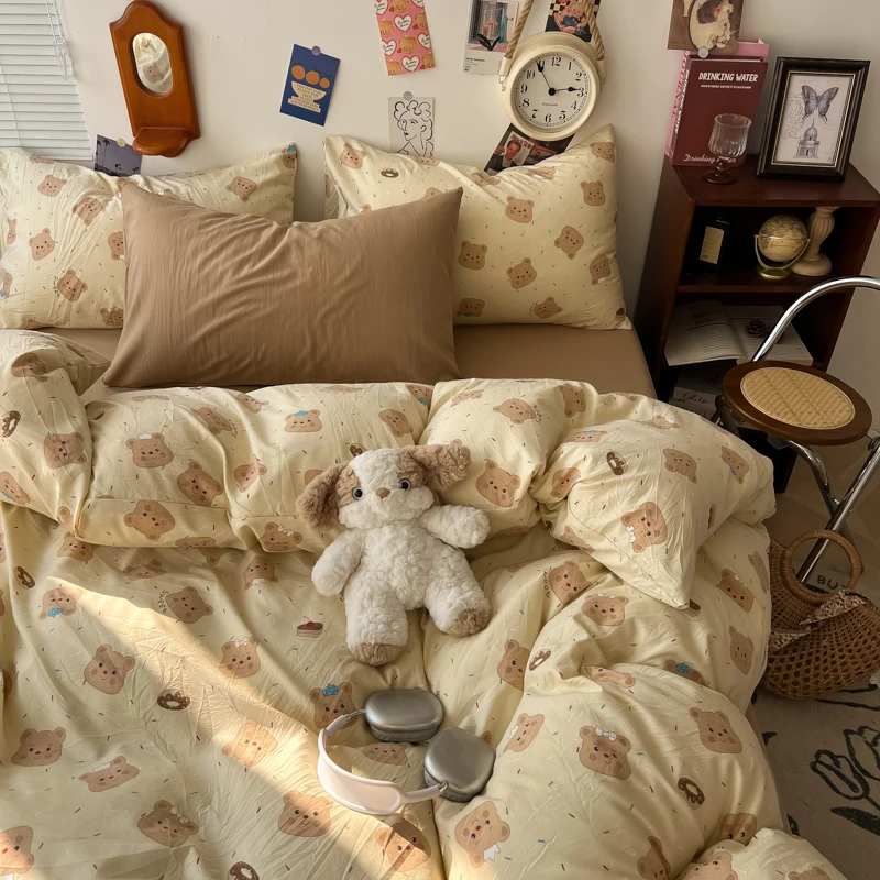 新款卡通可爱简约小熊小碎花四件套单人学生季少女心宿舍三件套笠