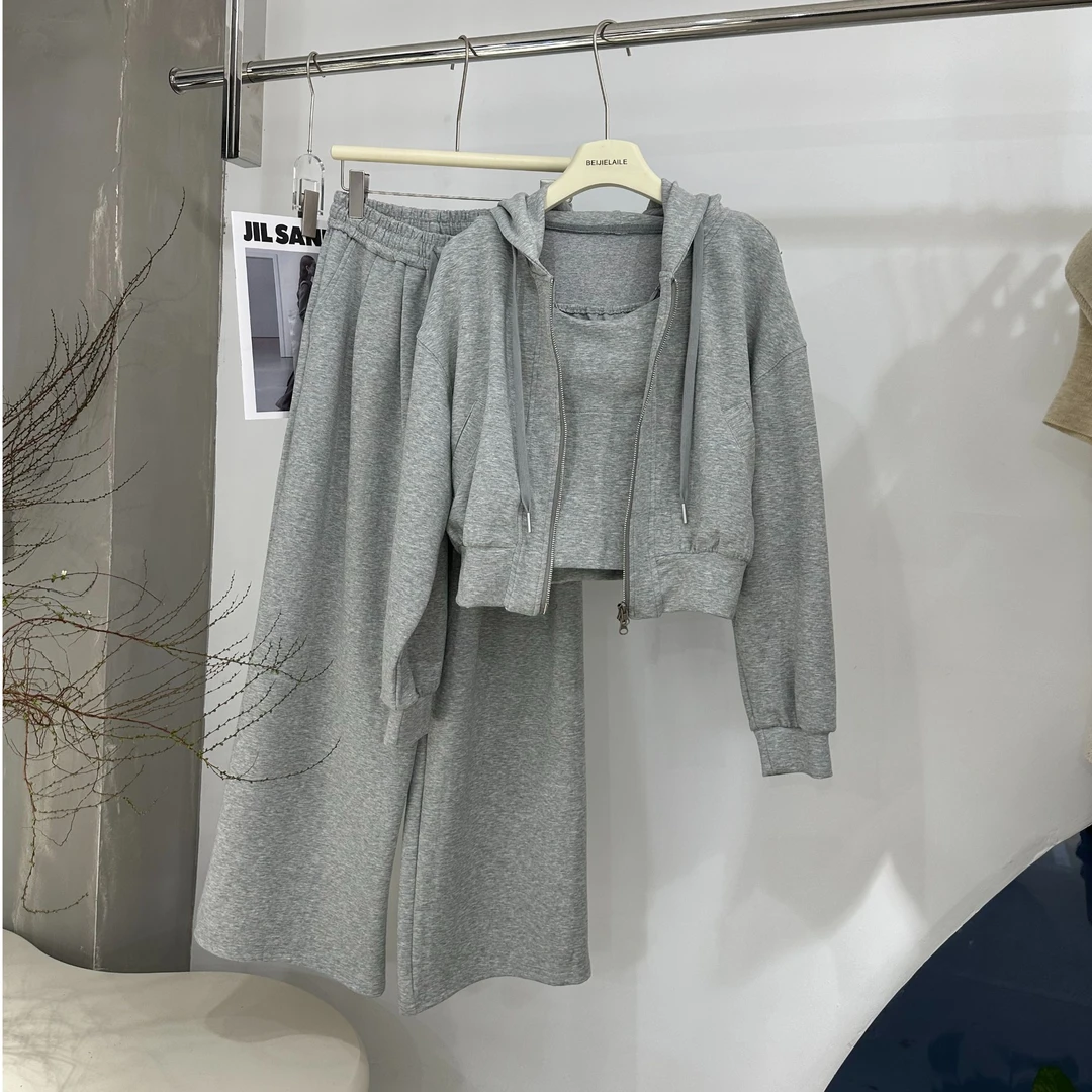 贝姐同款【6613】连帽双拉链简约吊带背心三件套装sasa