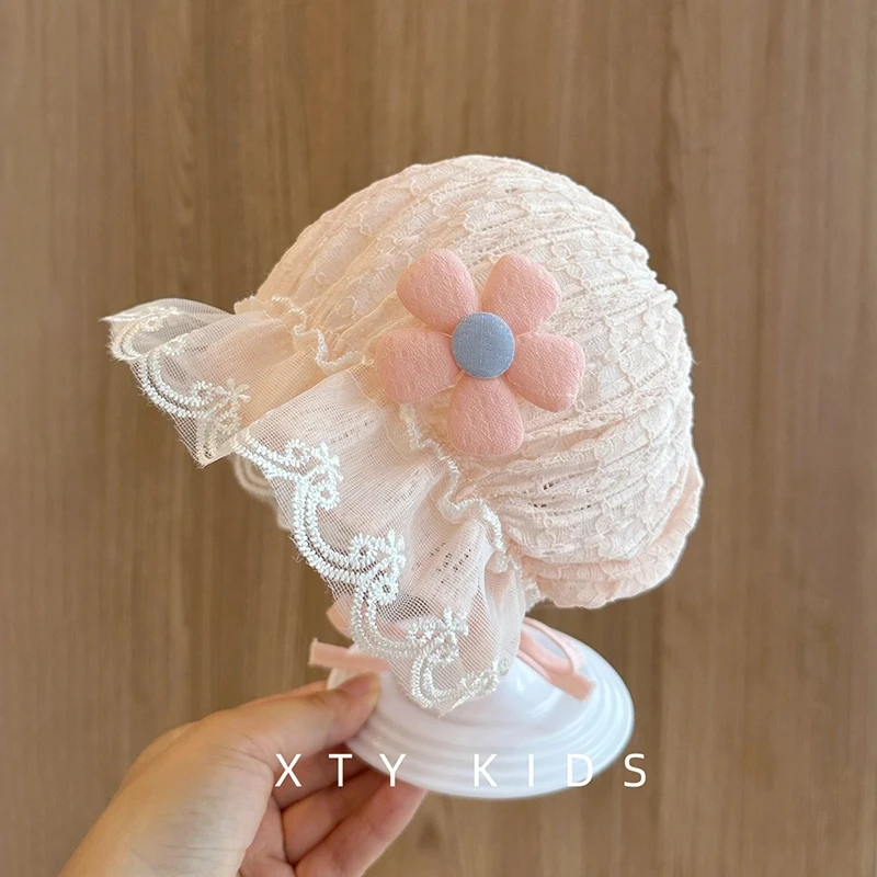 小月龄婴儿遮阳帽夏季0-6个月薄款透气公主花边新生女宝宝宫廷帽3