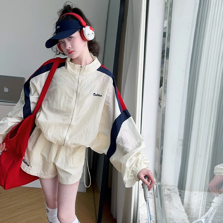 女童夏季防晒衣短裤套装2025儿童时尚拼色运动风遮阳外套裤子夏装