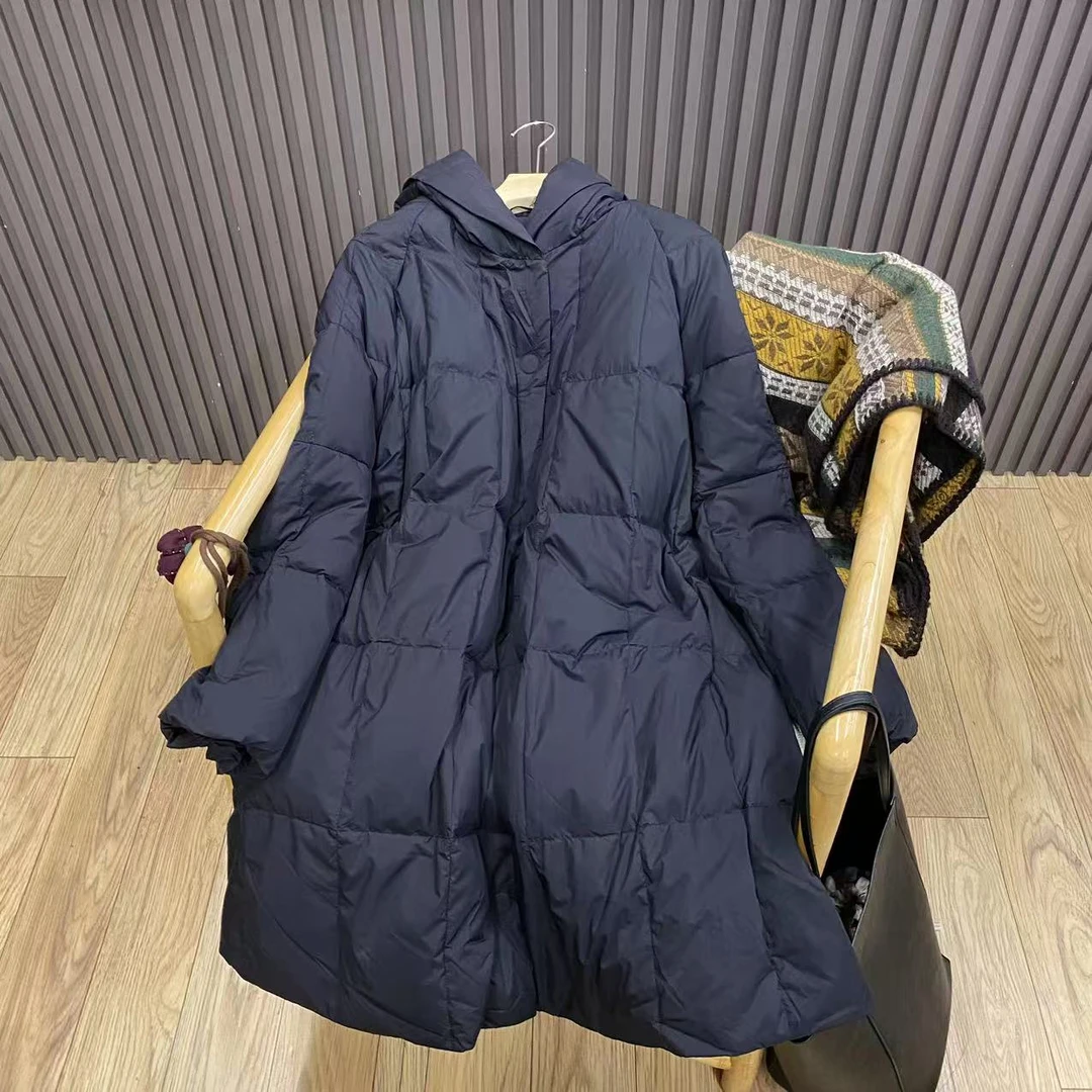 冬季连帽宽松90白鸭绒羽绒服中长款纯色保暖百搭复古外套女W5023