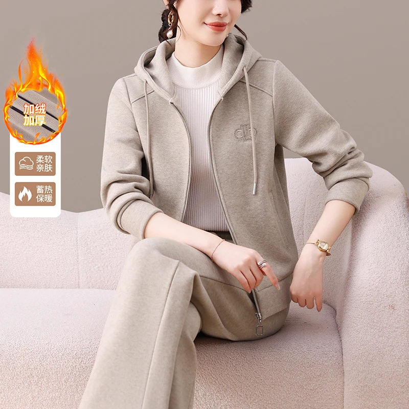 洋气开衫冬季运动服加厚中老年时尚加绒加厚连帽外套休闲运动套装