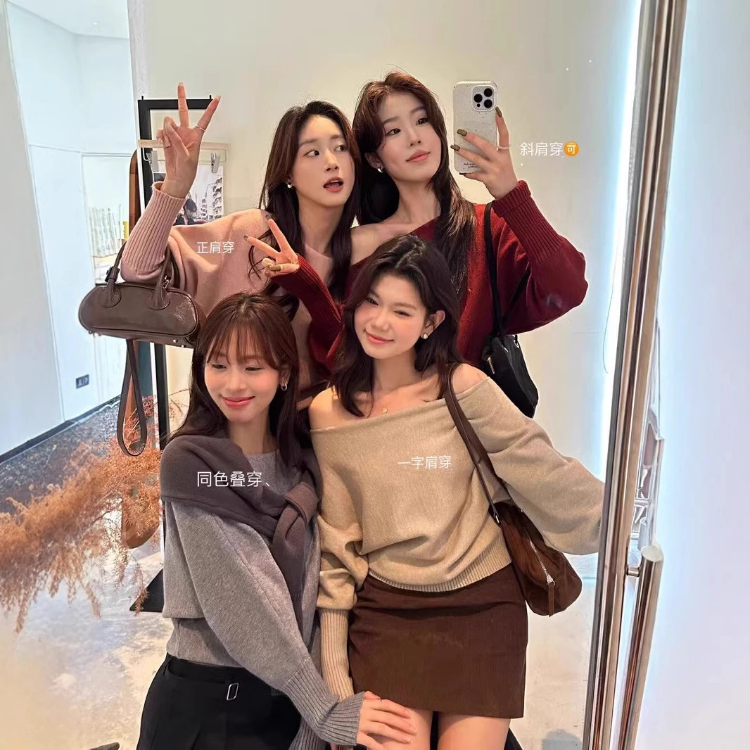 温柔一字领灯笼袖正肩针织衫秋冬气质单穿内搭宽松斜肩小衫可三穿