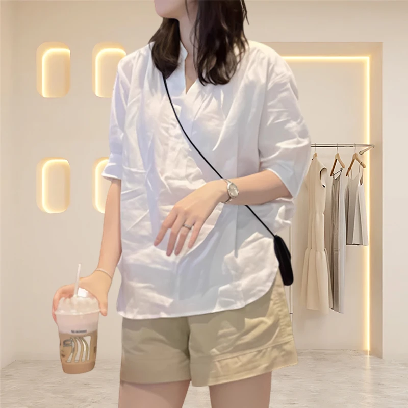 韩系小众女装夏日穿搭套装女2025新款设计夏日白色衬衫短裤两件套