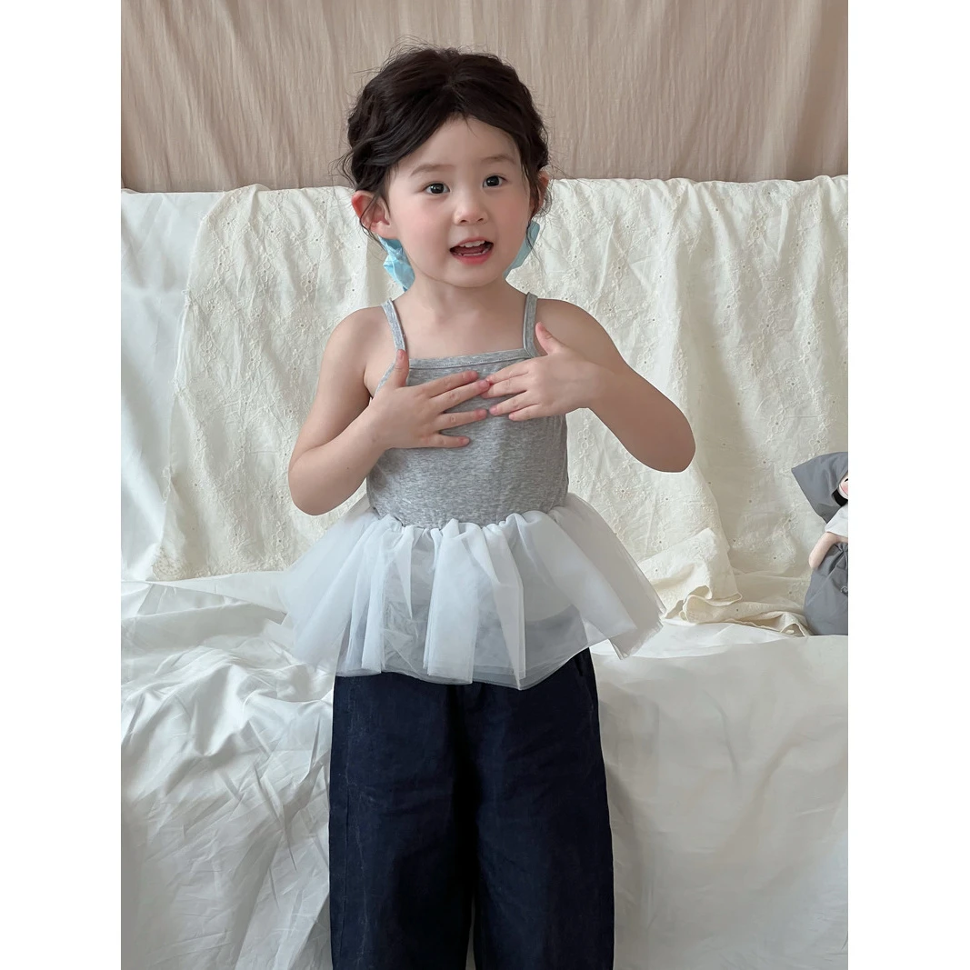 2025夏季新款韩版童装女宝宝网纱吊带裙儿童针织吊带拼纱公主上衣