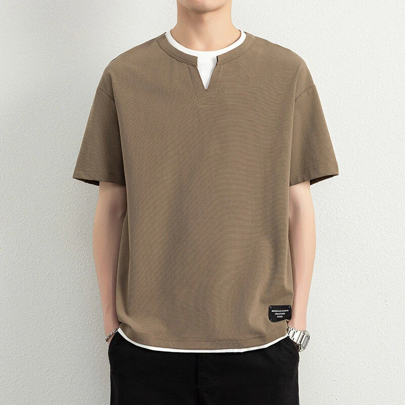2025夏季男士棉质短袖t恤假两件潮流休闲时尚半袖百搭上衣1369