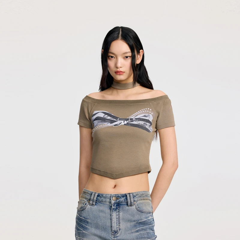 REVAN芮范2025夏季新品设计师款辣妹风蝴蝶结纽结T恤RL31001057