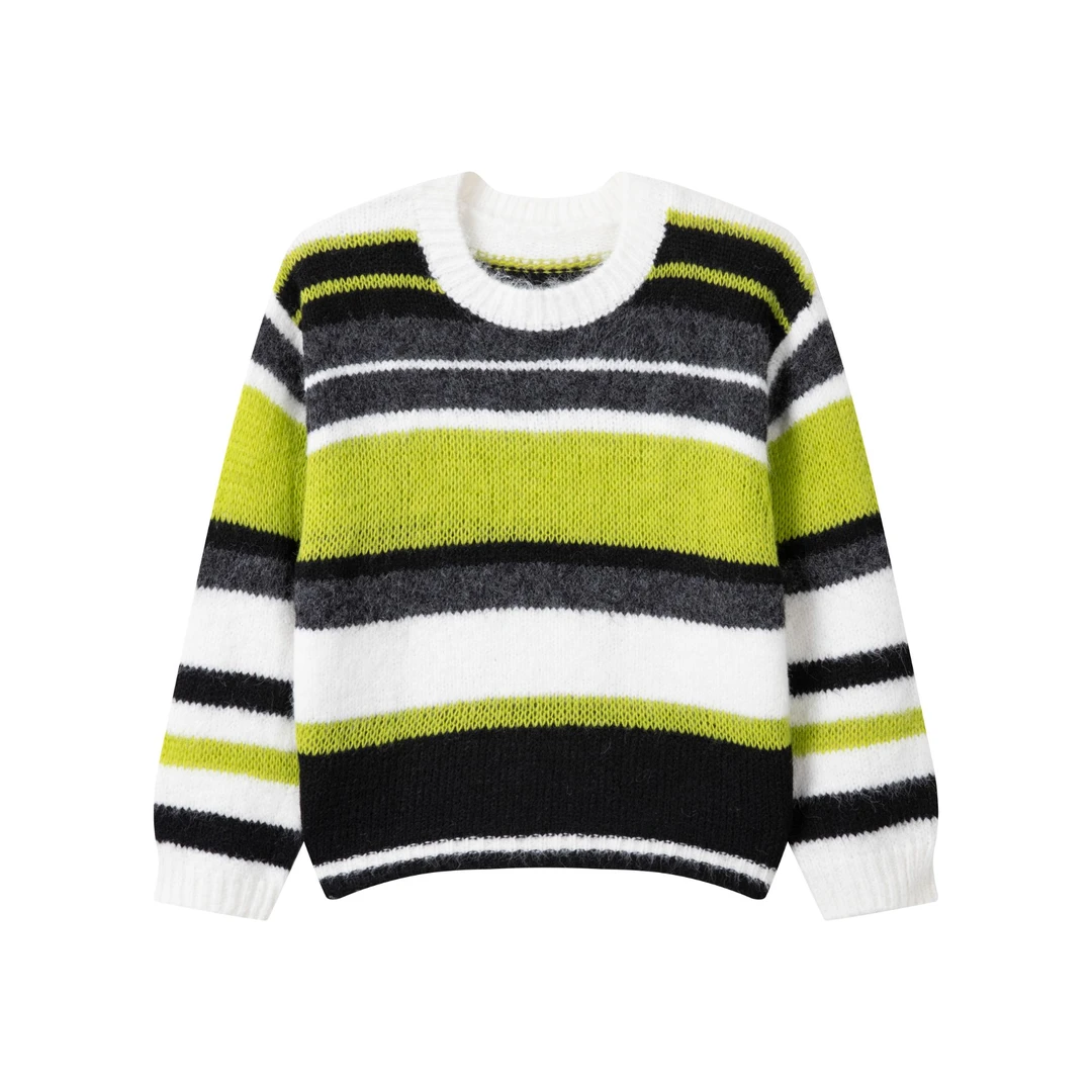 秋冬软糯马海毛圆领条纹撞色时尚减龄针织套头打底衫女